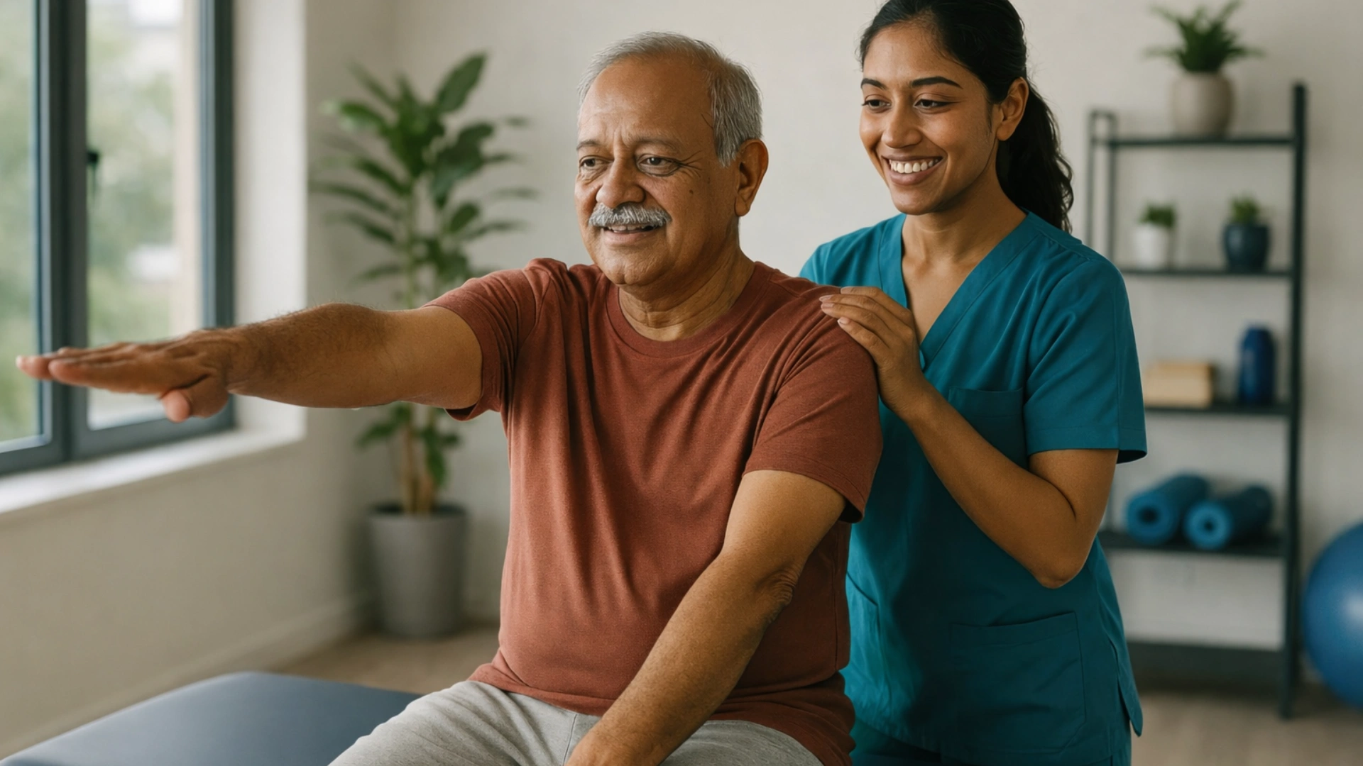 Compassionate geriatric physical therapy session with senior citizen in Indian home