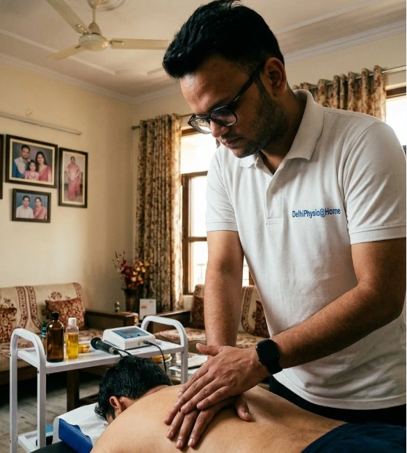 Professional physiotherapist utilizing advanced manual therapy techniques for chronic lower back pain treatment at home in Noida